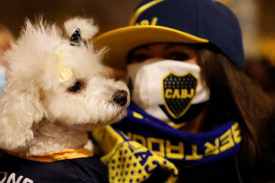 A fan wearing the colours of Argentine soccer club Boca