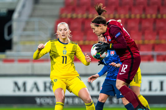 Stina Blackstenius of Sweden and goalkeeper 12 Maria