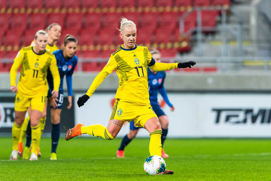 Caroline Seger of Sweden shoots a penalty