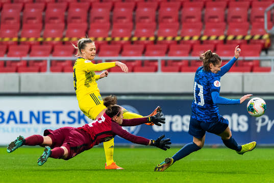 Fridolina Rolfö of Sweden against goalkeeper 12 Maria