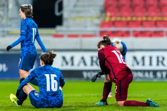 Diana Bartovičová and goalkeeper 12 Maria Korenčiová of