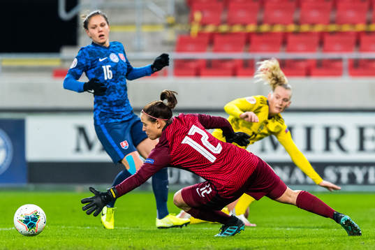 Goalkeeper 12 Maria Korenčiová of Slovakia saves a shot