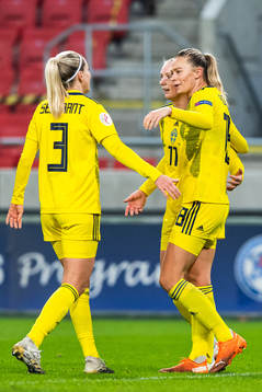 Linda Sembrant and Stina Blackstenius celebrate with