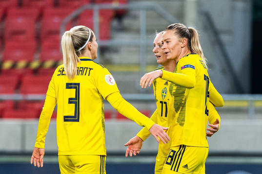 Linda Sembrant and Stina Blackstenius celebrate with