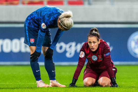 Goalkeeper Maria Korenčiová of Slovakia looks dejected