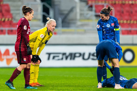 Goalkeeper Maria Korenčiová of Slovakia and Caroline