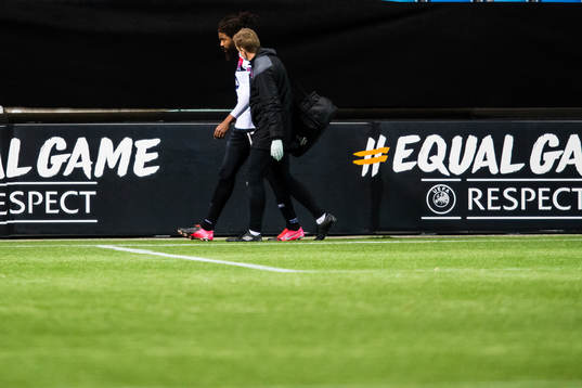 Nathan Oduwa of Dundalk walks off with an injury