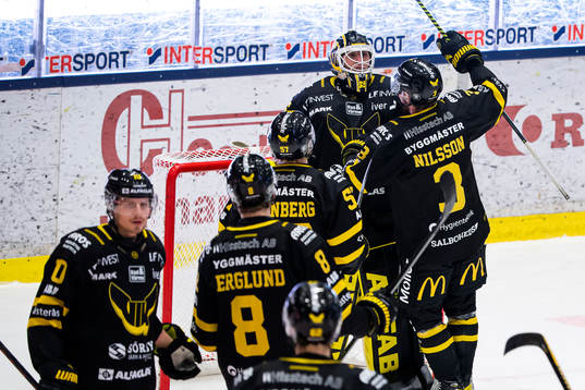 Västerås målvakt Emil Kruse jublar med lagkamrater