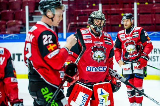 Malmö Redhawks Lars Bryggman och målvakt Oscar Alsenfelt