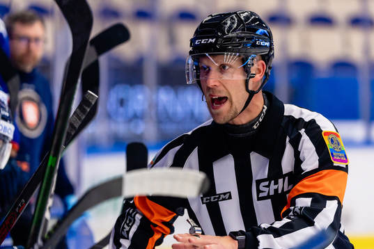 Domare Andreas Harnebring pratar med Växjös bås