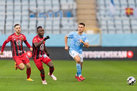 Östersunds Felix Hörberg och Sam Mensiro med Malmö FFs