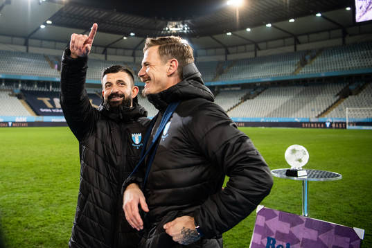Malmö FFs Behrang Safari och målvakt Johan Dahlin