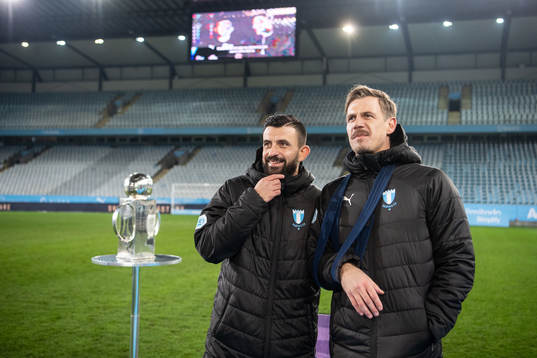 Malmö FFs Behrang Safari och målvakt Johan Dahlin