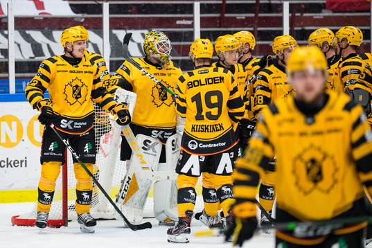 Skellefteås målvakt Gustaf Lindvall jublar med lagkamrater