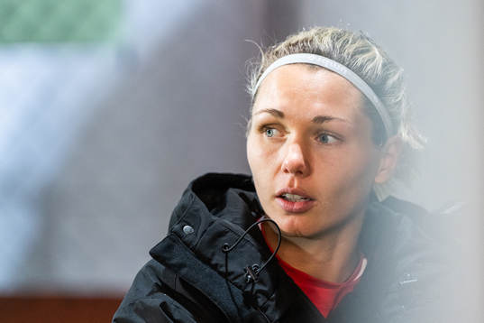 Goalkeeper Jennifer Falk of Göteborg is interviewed