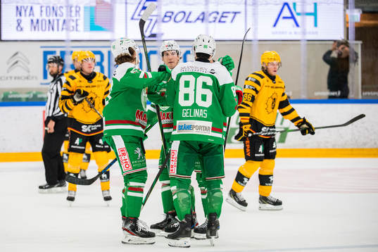 Rögles Eric Gelinas jublar med Moritz Seider och Adam