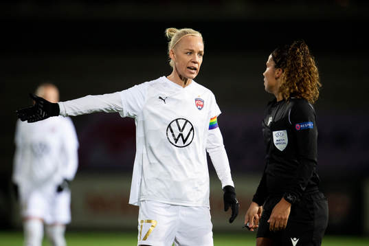 Rosengårds Caroline Seger and referee Shona Shukrula