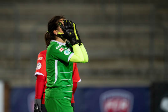 Lanchkhti goalkeeper Tatia Gabunia looks dejected