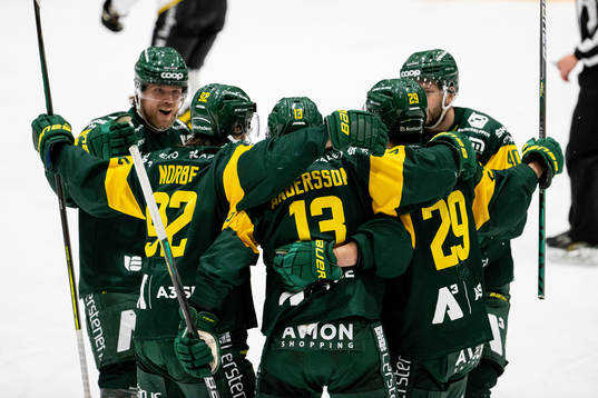 Björklövens spelare jublar med Fredric Andersson