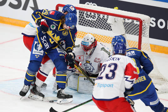 Mario Kempe of Sweden and goalkeeper Simon Hrubec of