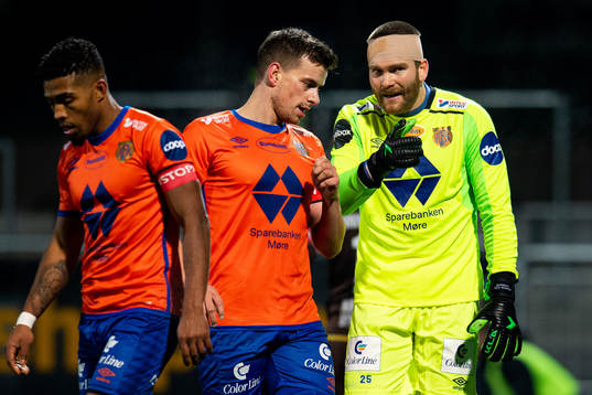 Jonas Grønner and goalkeeper Gudmund Kongshavn of Aalesund