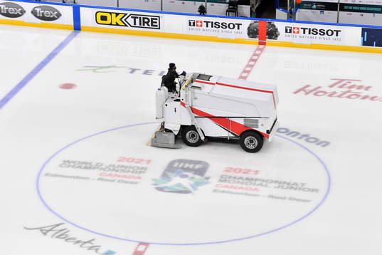 An ice resurfacing machine prepares the ice at Rogers Place