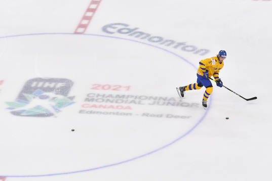 Philip Broberg warms up prior to the 2021 IIHF World Junior