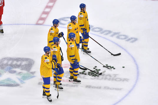 Team Sweden Players warm up prior to the 2021 IIHF World