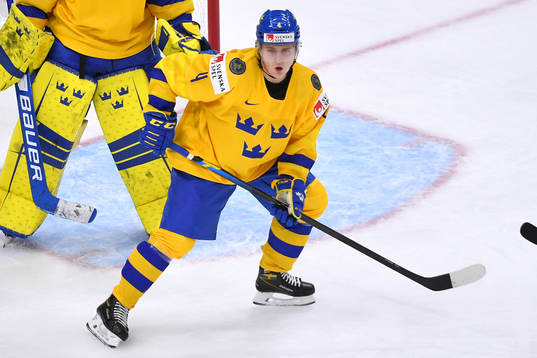 Emil Andrae of Sweden patrols in front of the net