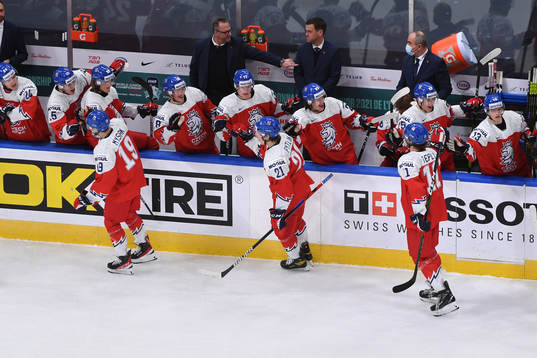 Jan Mysak celebrates a first period goal at the Czech