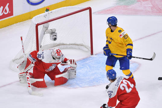 Albin Sundsvik watches the puck enter the net