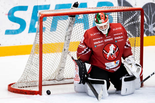 Vita Hästens målvakt Adam Lindholm deppar