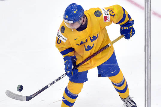 Alexander Holtz of Sweden warms up prior to the 2021 IIHF