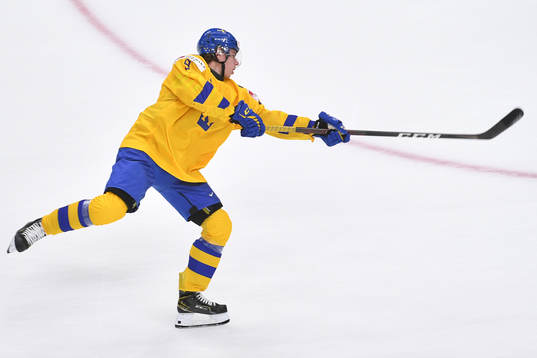 Albert Johansson of Sweden warms up prior to the 2021 IIHF