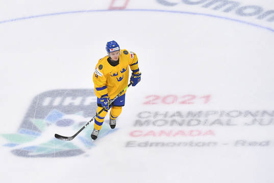 Emil Andrae of Sweden warms up prior to the 2021 IIHF World