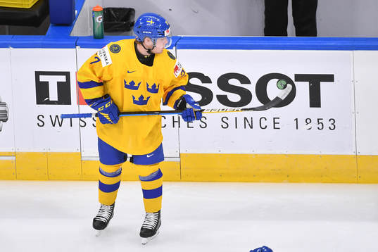 Zion Nybeck of Sweden warms up prior to the 2021 IIHF World