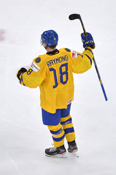 Lucas Raymond of Sweden celebrates a second period goal