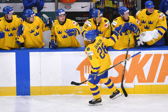 Noel Gunler of Sweden celebrates his second goal