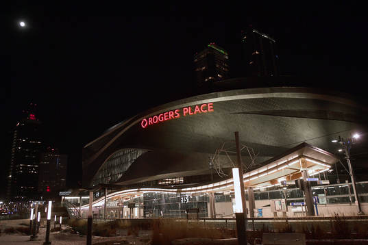An evening view of the north east corner of Rogers Place,