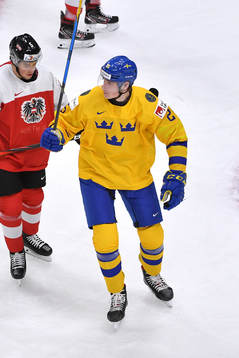 Elmer Söderblom of Sweden celebrates a Lucas Raymond goal