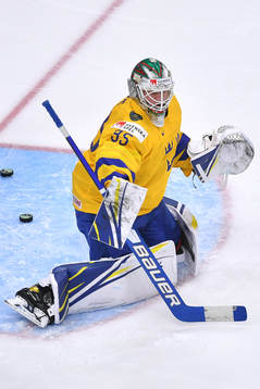 Calle Clang of Sweden warms up prior to the 2021 IIHF World