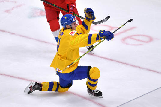 Arvid Costmar of Sweden celebrates his first period goal
