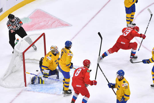Yegor Afanasiev of Russia celebrates a first period goal