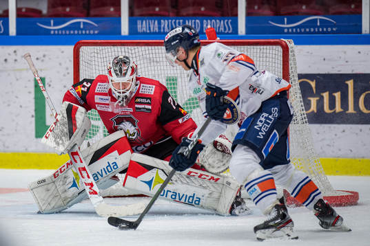 Växjös Richard Gynge oroar mot Malmö Redhawks målvakt