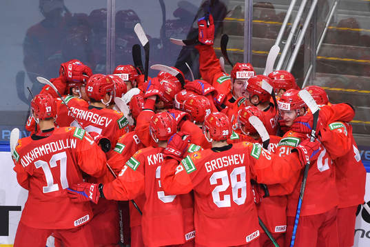 Team Russia celebrates the overtime win