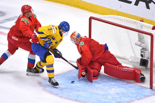 Yaroslav Askarov of Russia makes a save