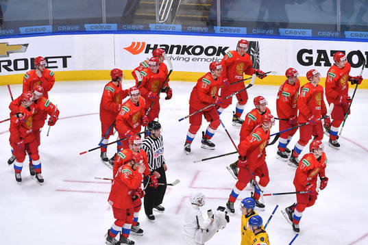Team Russia celebrates the overtime win