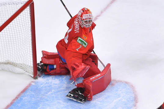 Yaroslav Askarov of Russia watches the puck