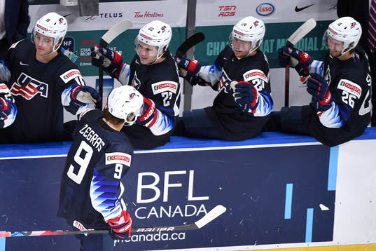 Trevor Zegras of USA celebrates the 2-0 goal with teammates