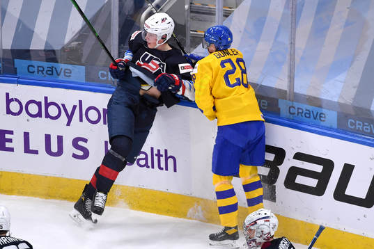 Noel Gunler of Sweden and Tyler Kleven of USA collide